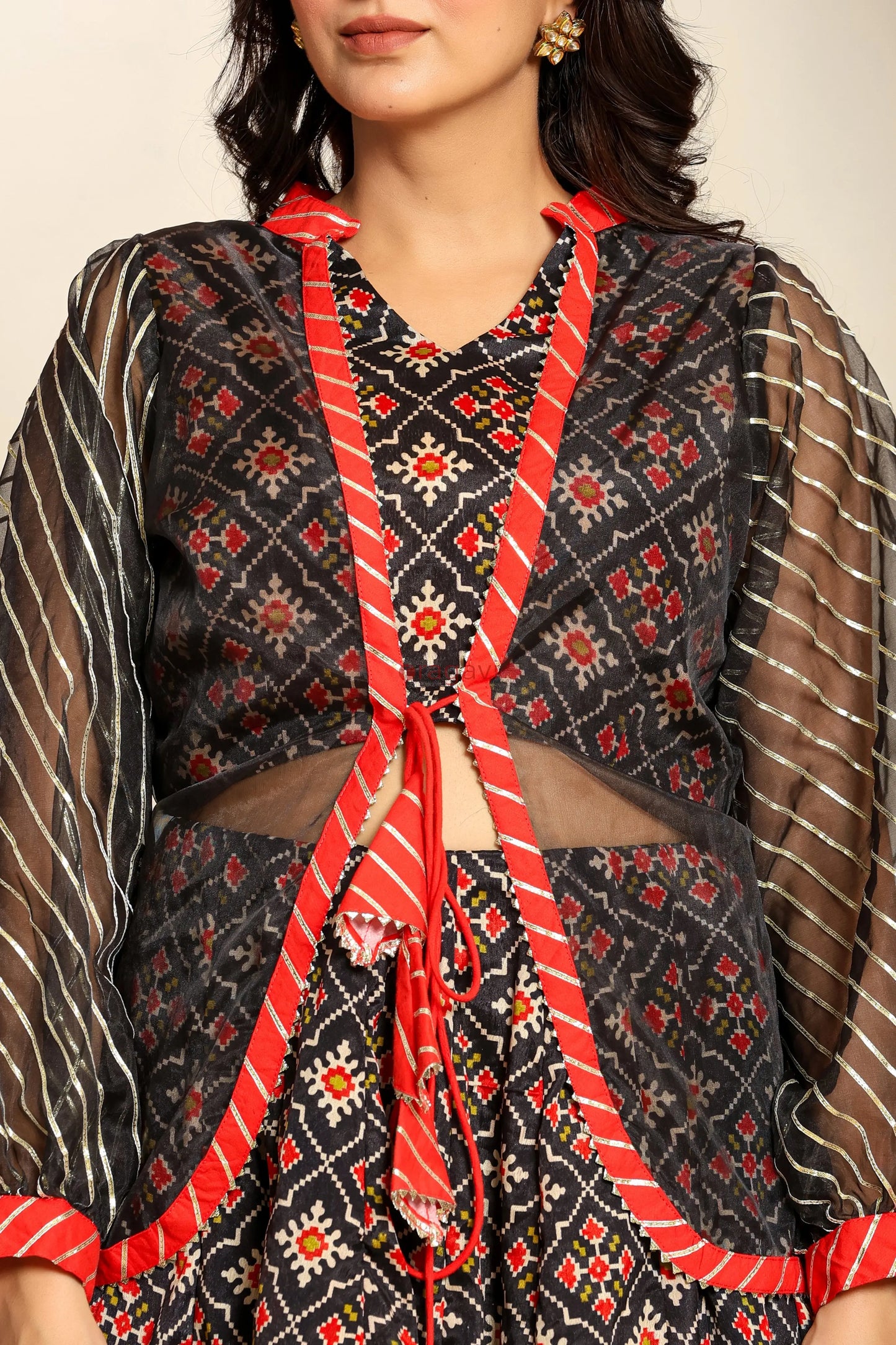 Ragavi Black and Red Printed Lehenga Set with Sheer Jacket - Ragavi