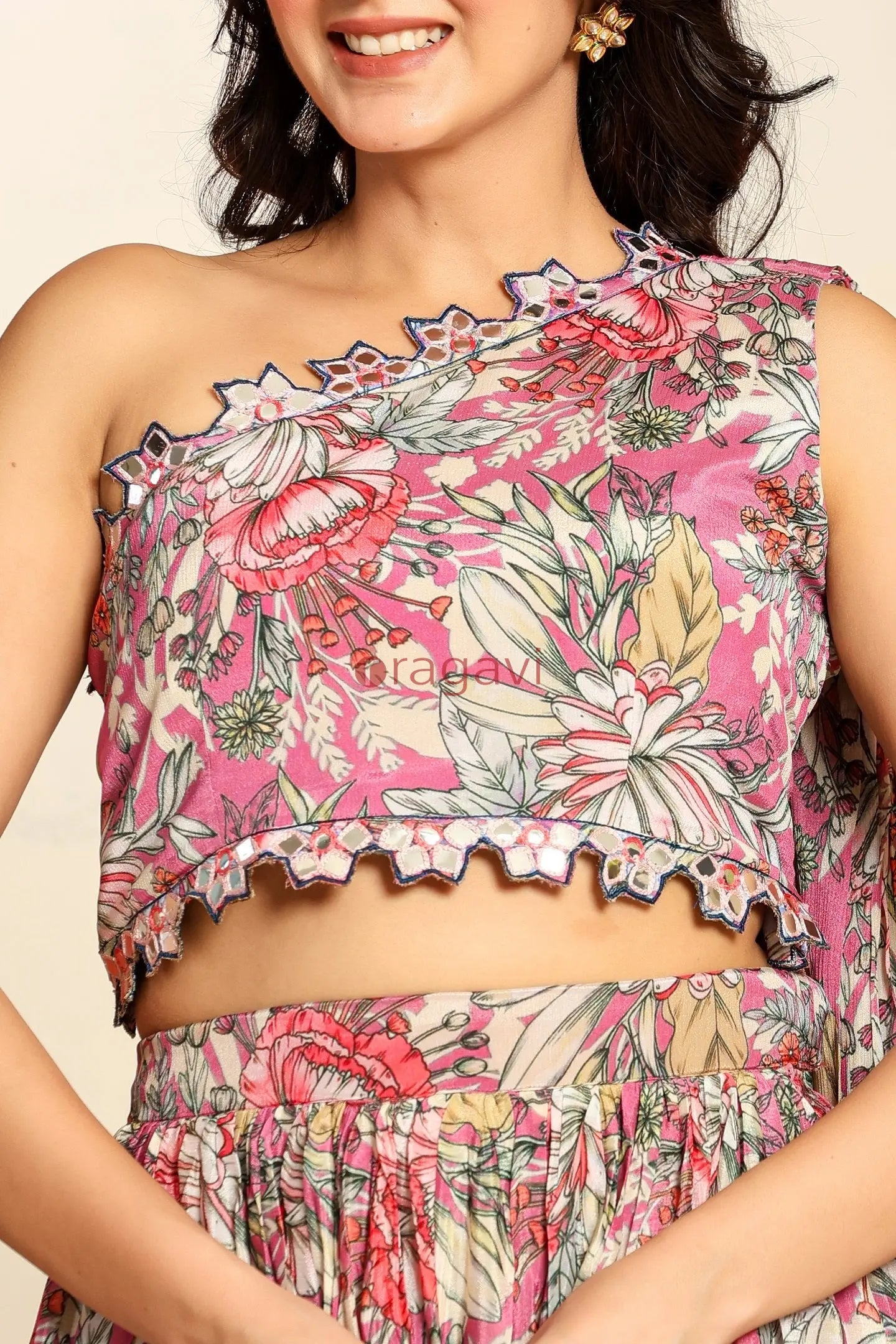 Ragavi Pink Floral One-Shoulder Lehenga Set with Attached Dupatta - Ragavi