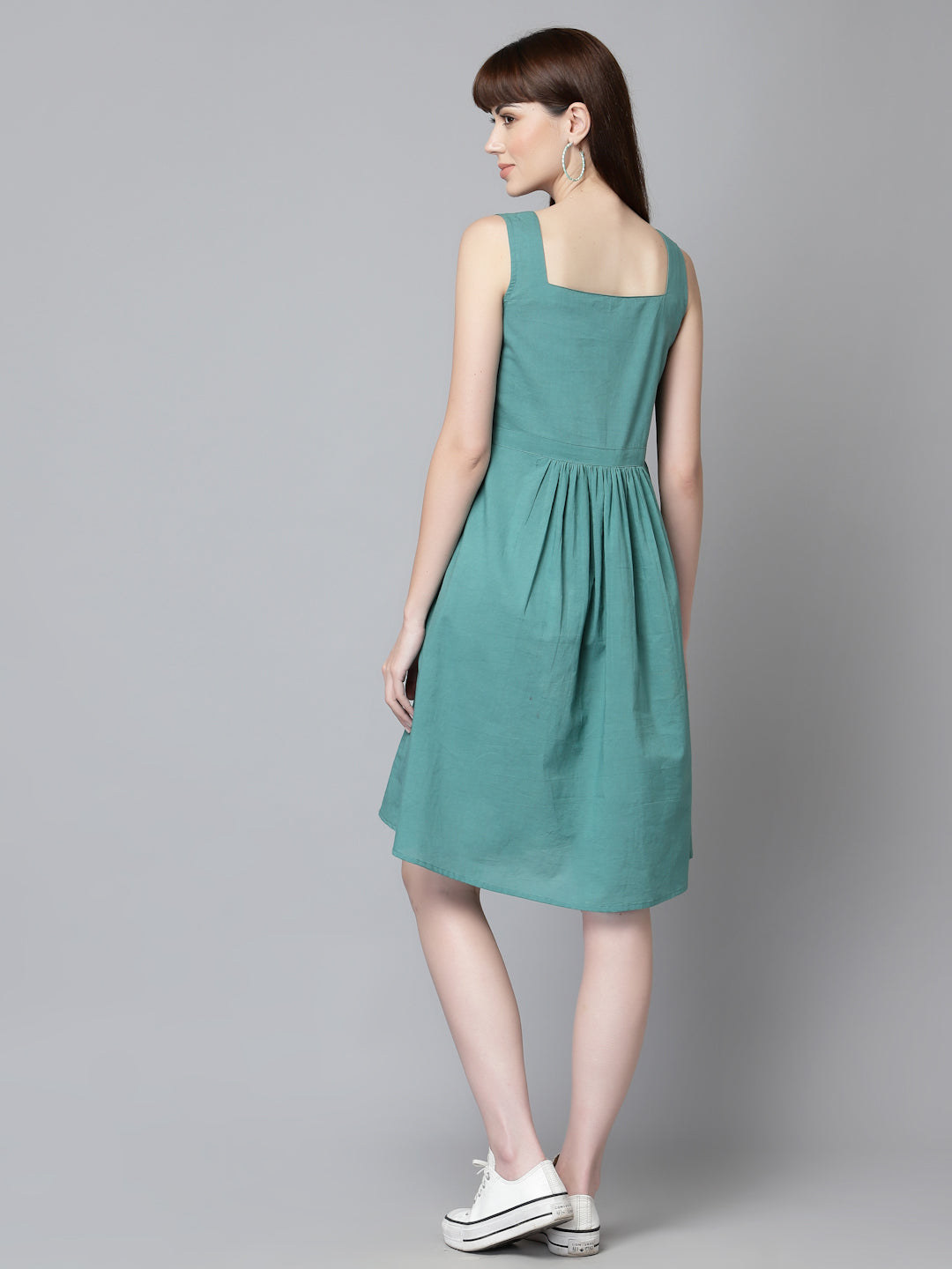 Blue Cotton Solid Gathered Dress