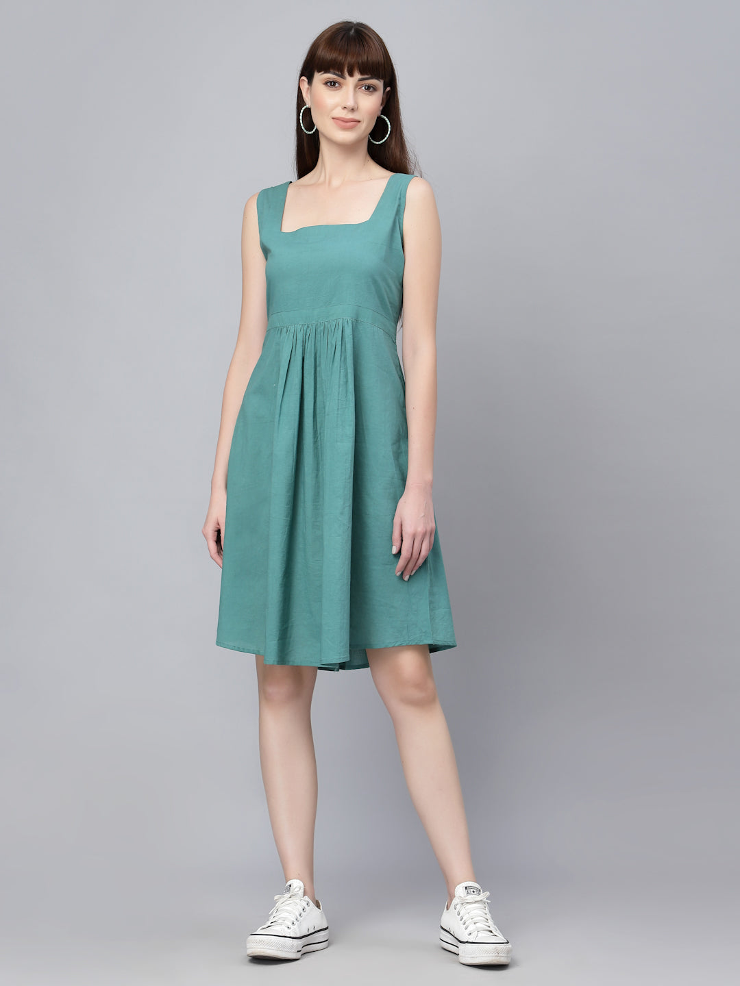 Blue Cotton Solid Gathered Dress