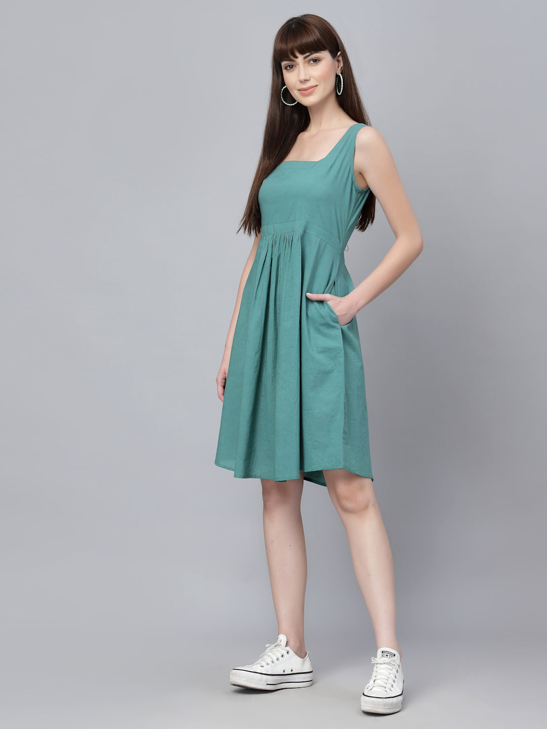 Blue Cotton Solid Gathered Dress