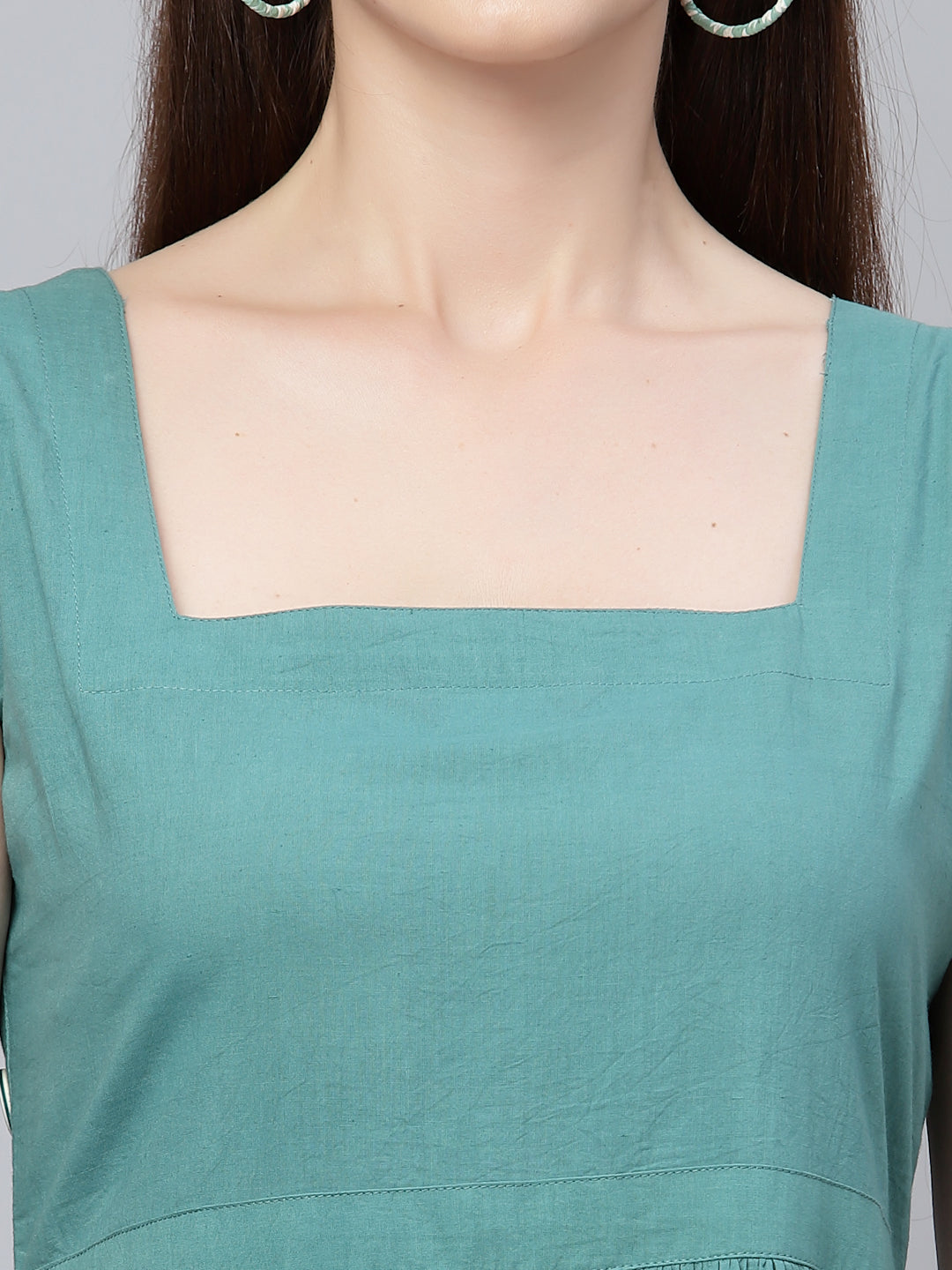 Blue Cotton Solid Gathered Dress