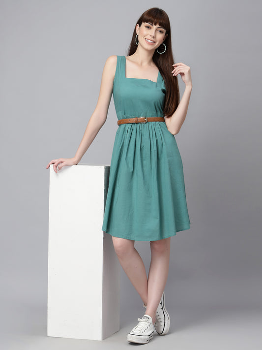 Blue Cotton Solid Gathered Dress