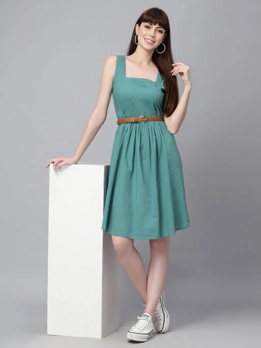 Blue Cotton Solid Gathered Dress Ragavi