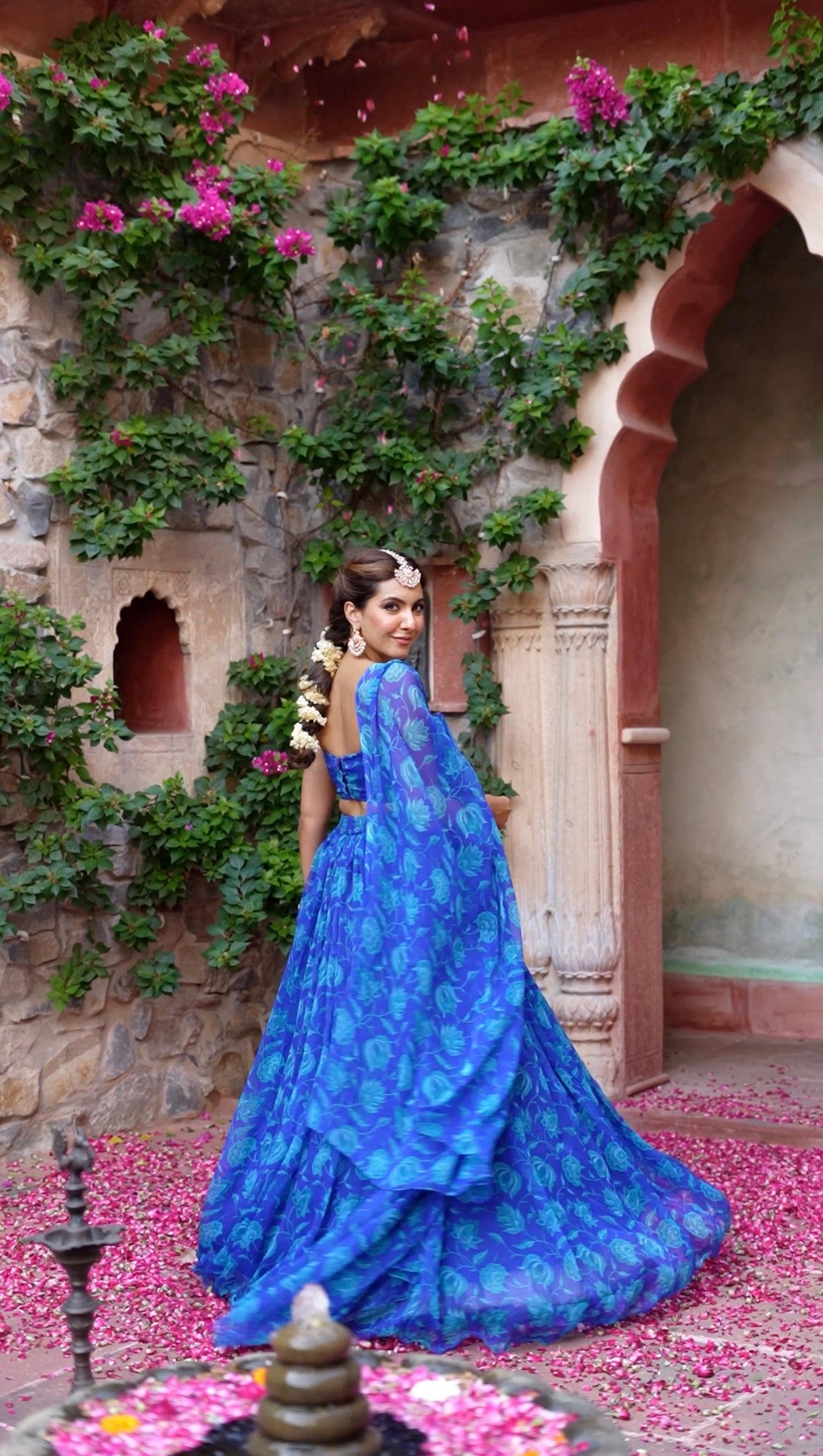 Lapis Blue Floral Printed Chiffon Lehenga Set