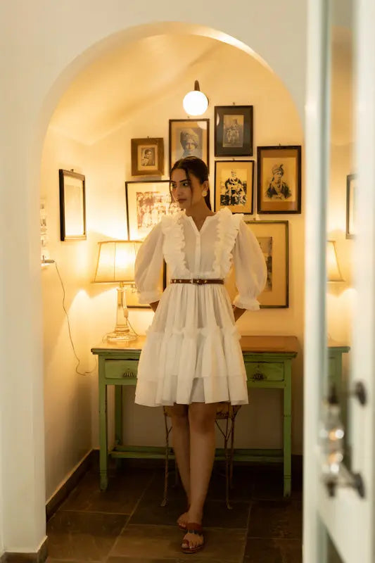 Star White Light Ruffle Cotton Dress Ragavi