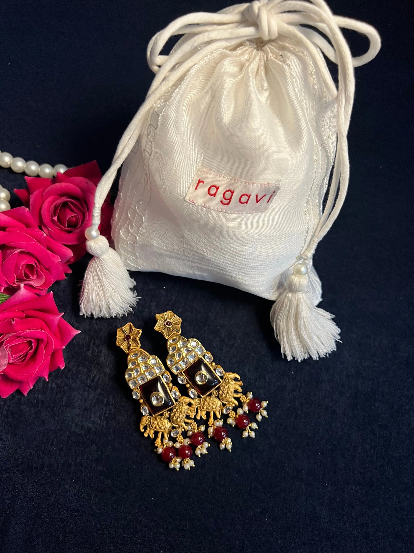 Red Handcrafted Floral and Elephant Earrings Ragavi