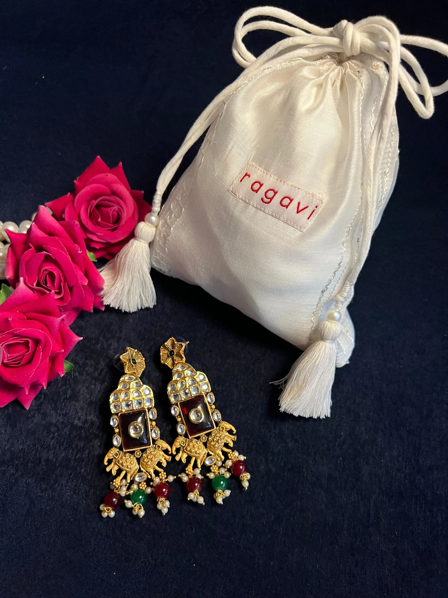 Green and Red Elephant Handcrafted Earrings Ragavi