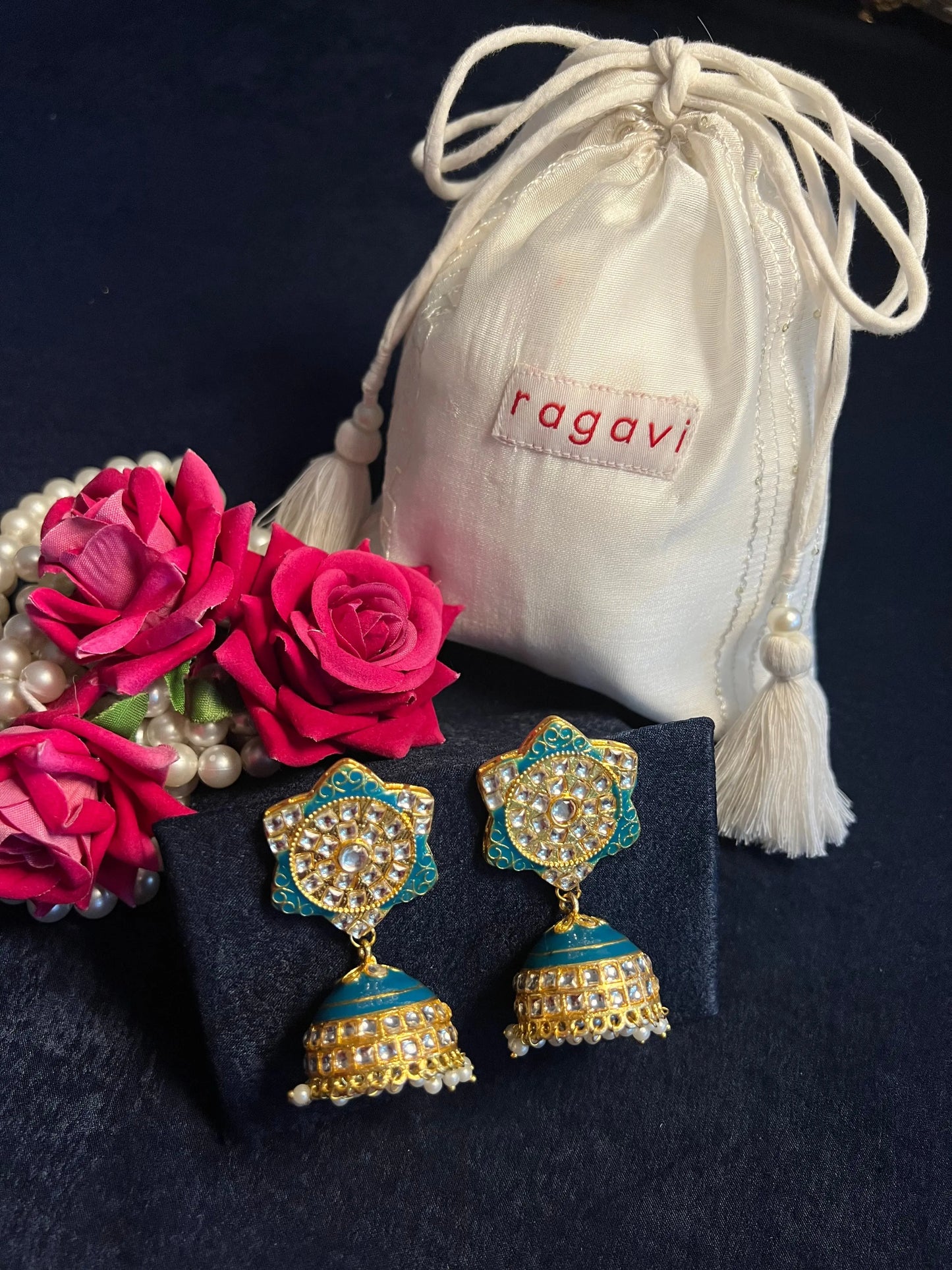 Turkish Tile Blue Kundan Meenakari Jhumka Earrings Ragavi