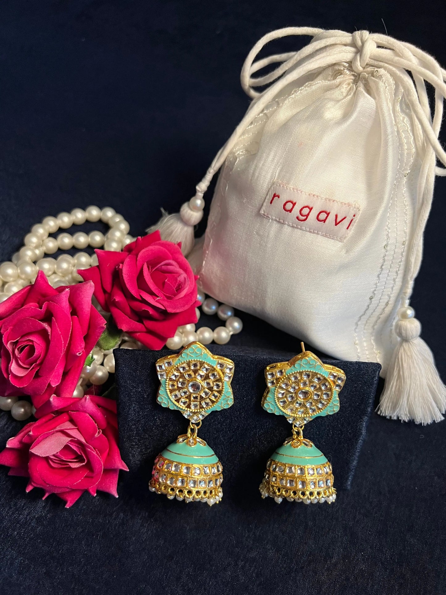 Tanager Turquoise Blue Kundan Meenakari Jhumka Earrings Ragavi
