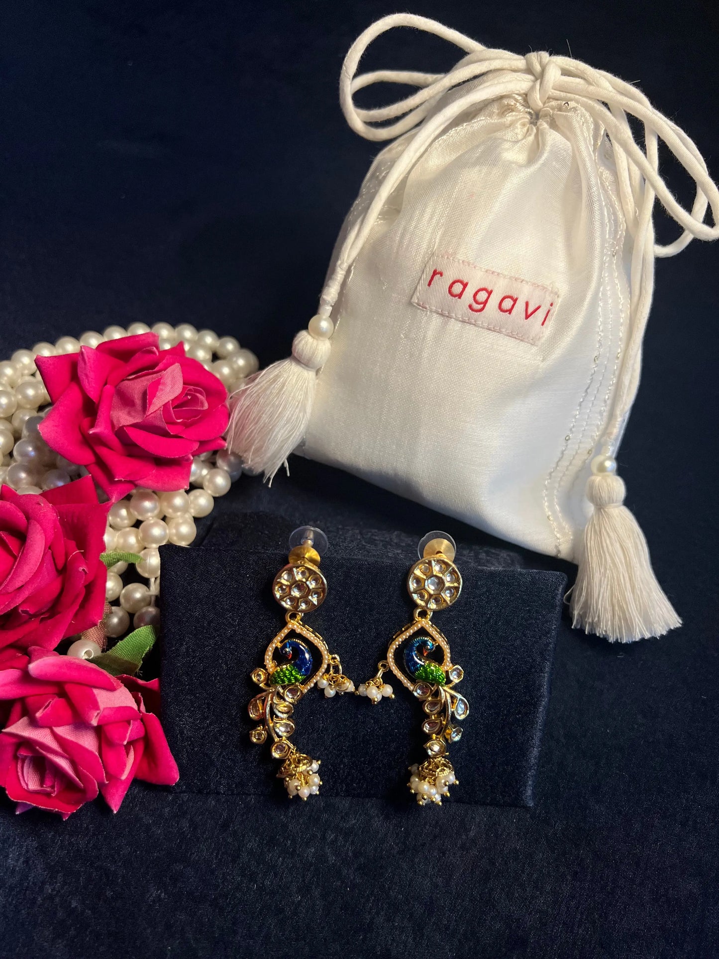 Peacock Golden Kundan Meenakari Handcrafted Earrings Ragavi