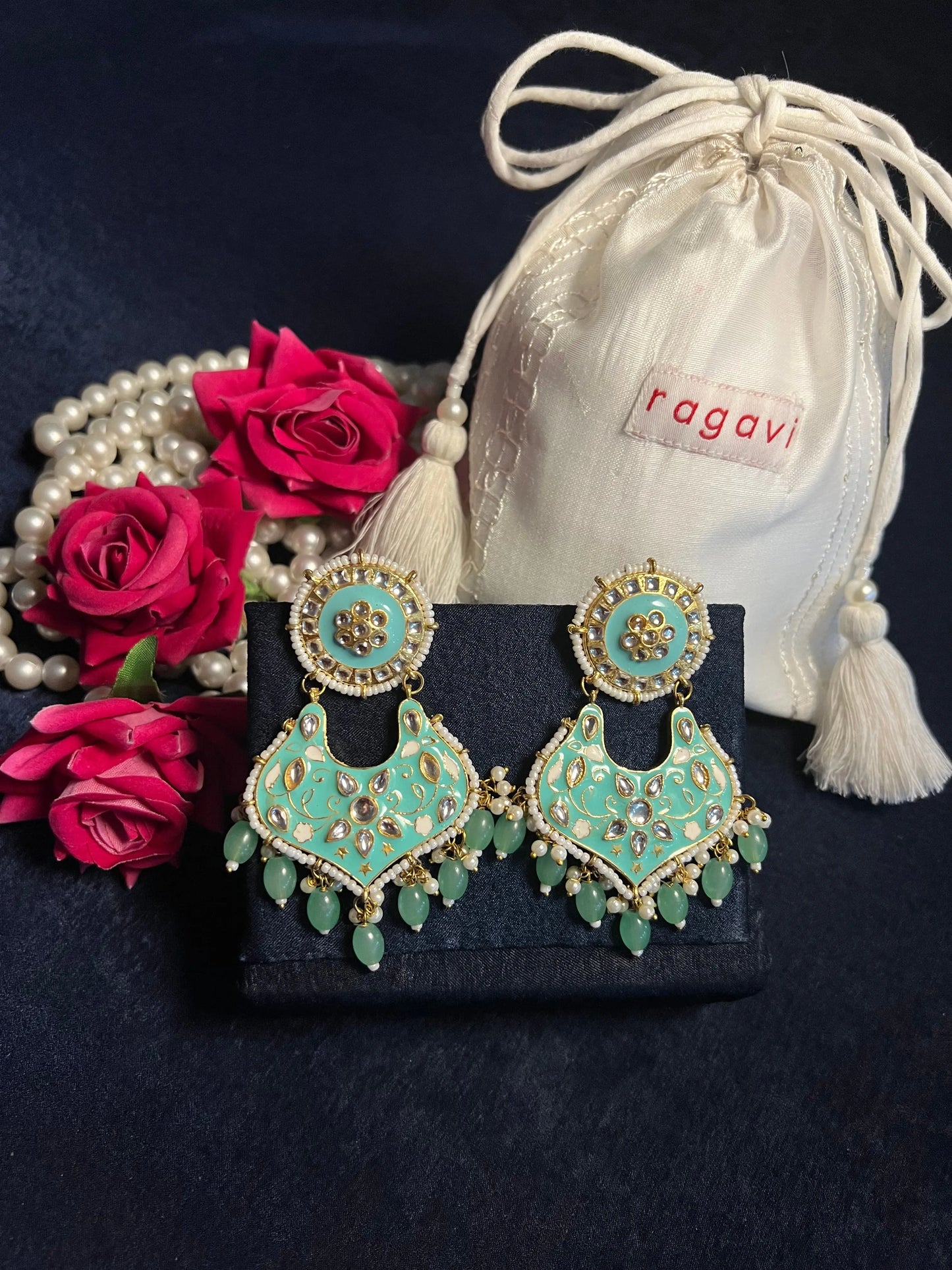 Neptune Green Kundan Meenakari Handcrafted Earrings Ragavi