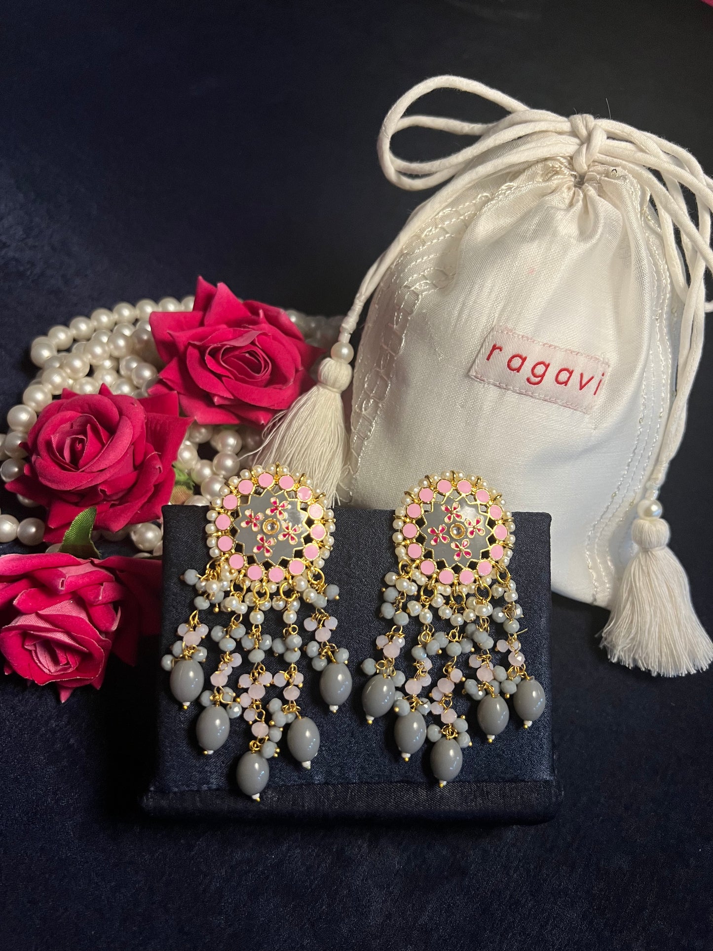 English Rose Pink and Grey Meenakari Handcrafted Earrings