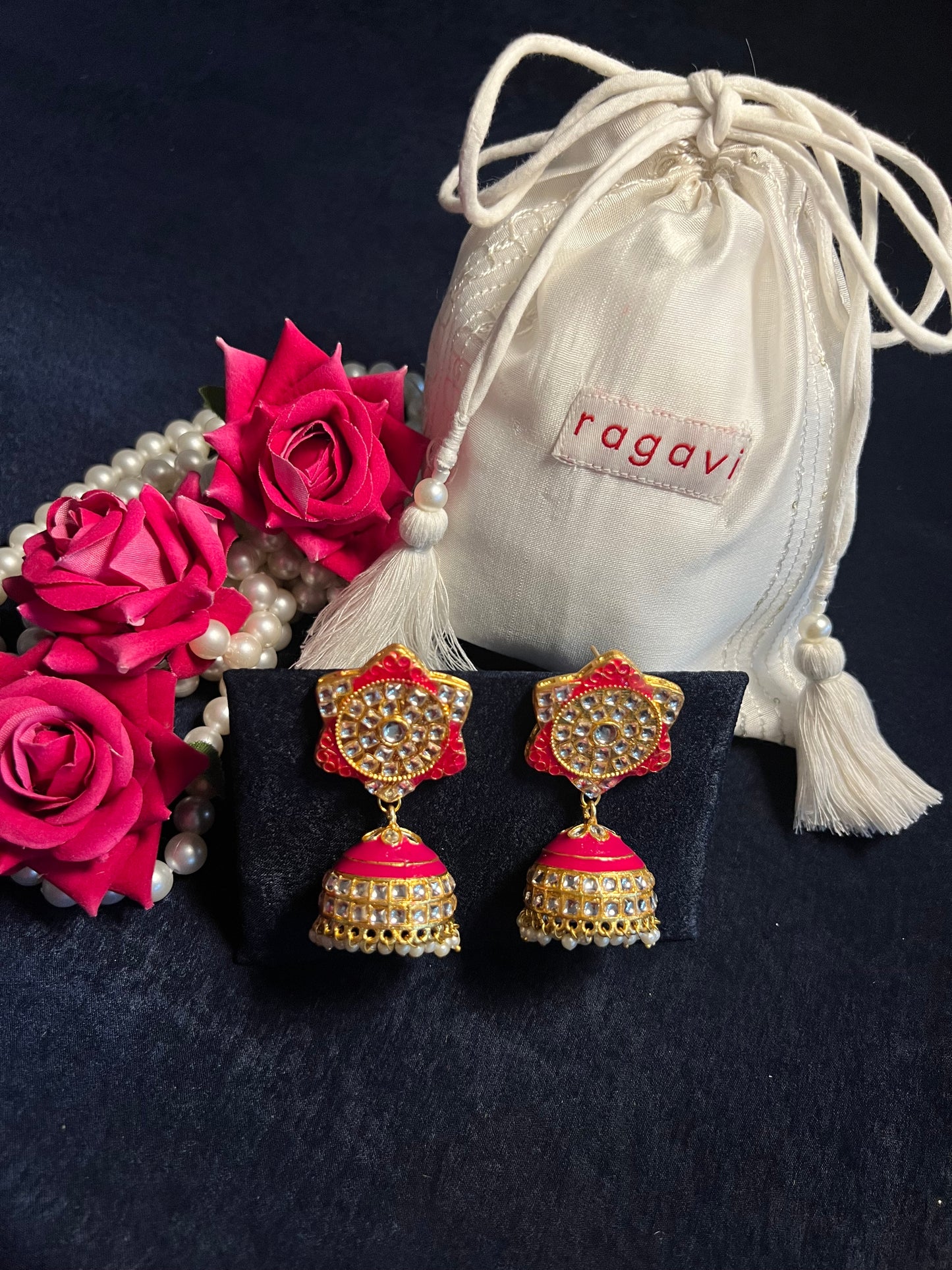 Raspberry Pink Kundan Meenakari Jhumka Earrings