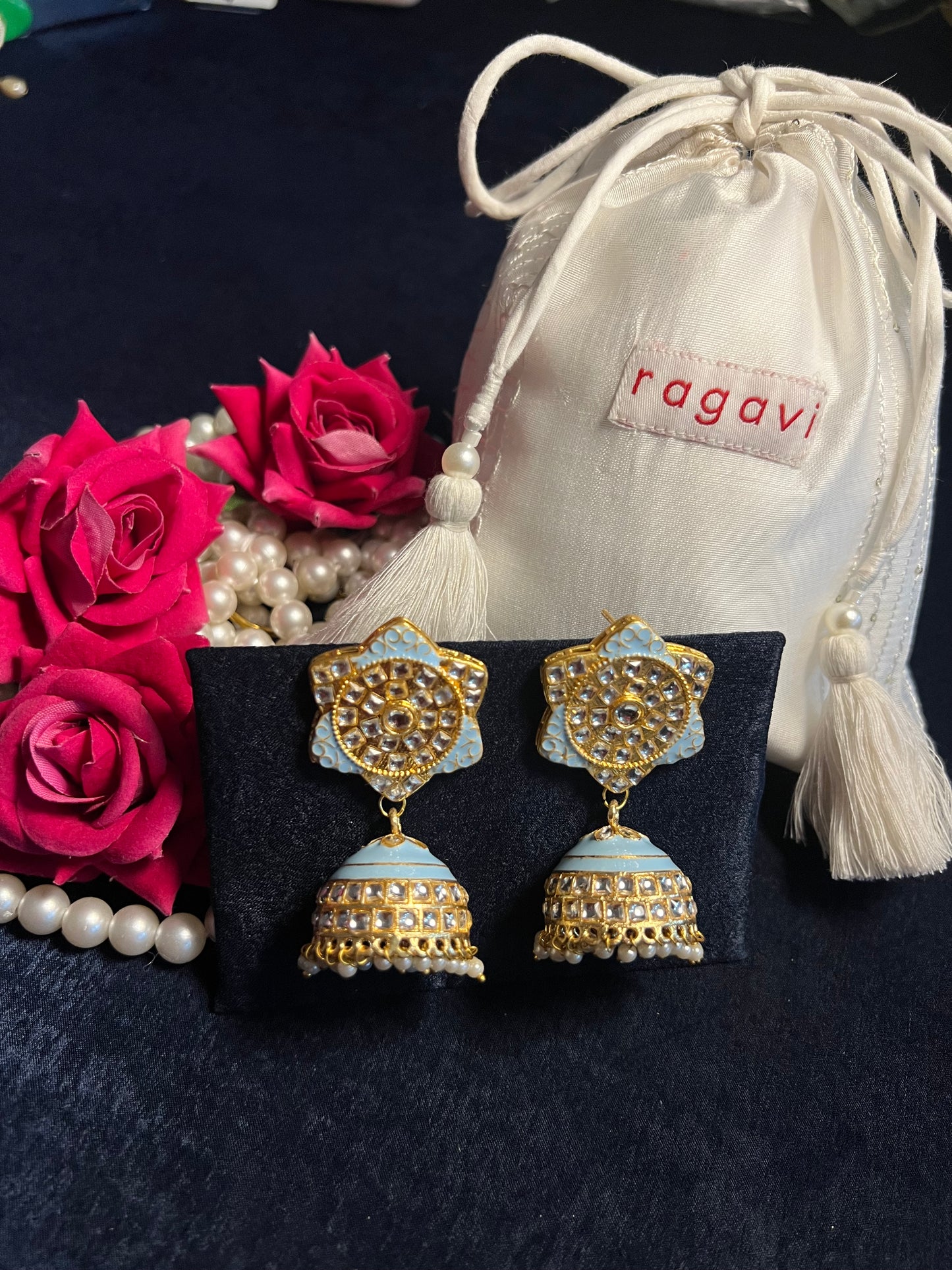 Ice Blue Kundan Meenakari Jhumka Earrings