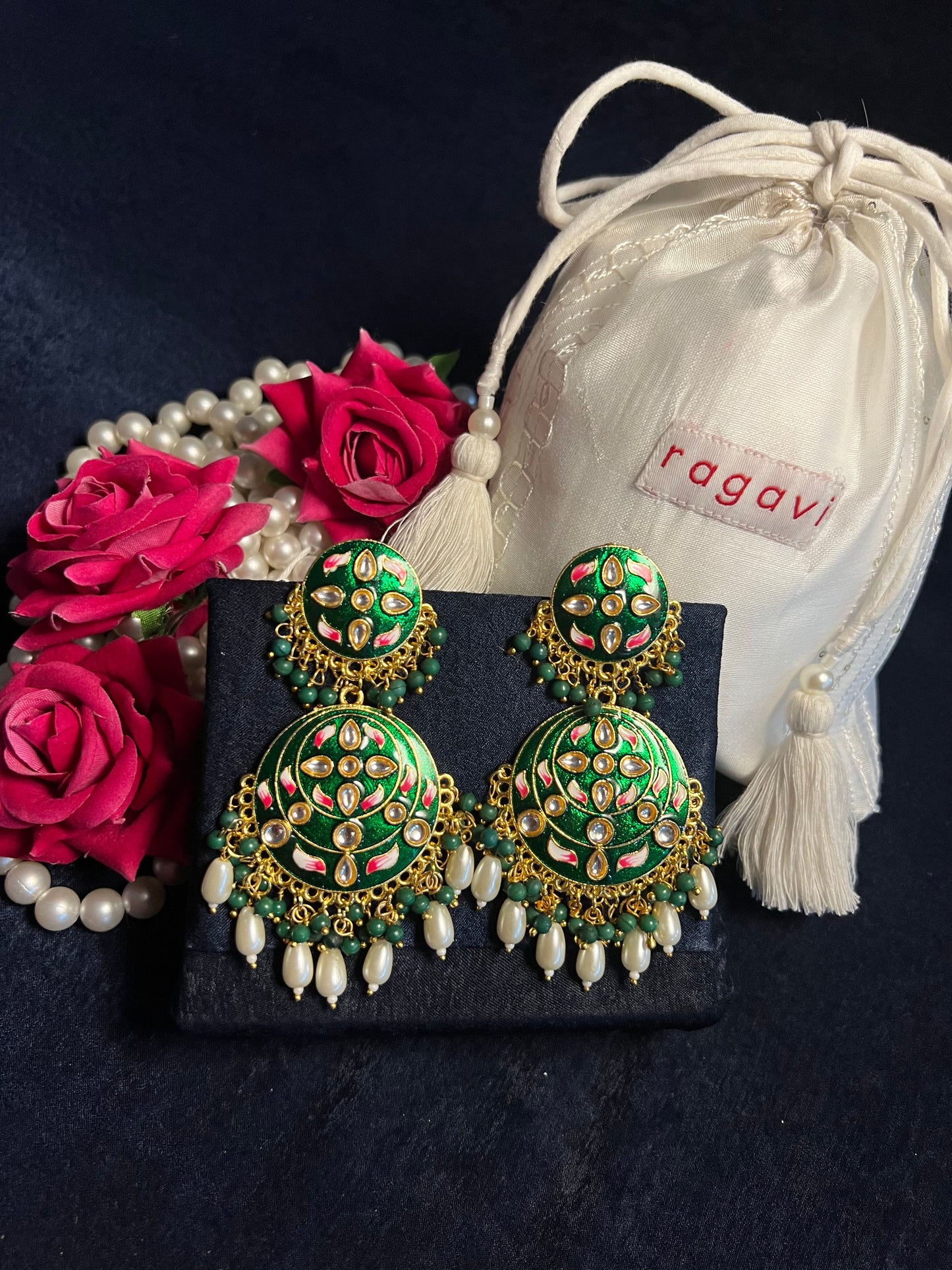 Green Bee Kundan Meenakari Handcrafted Earrings