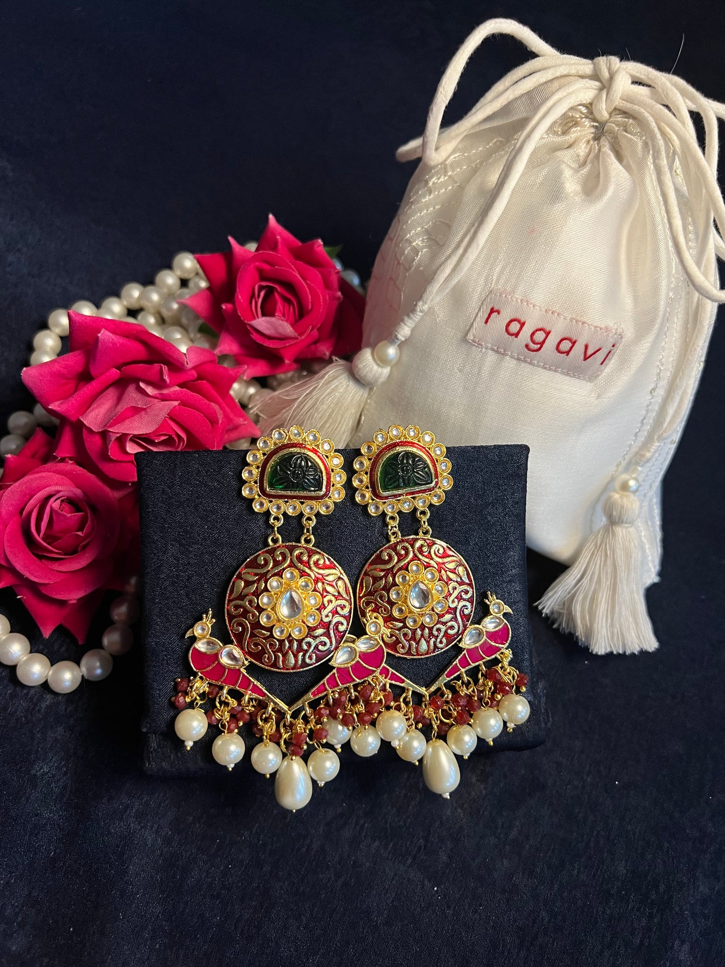 Coral Red and Pink Kundan Meenakari Earrings