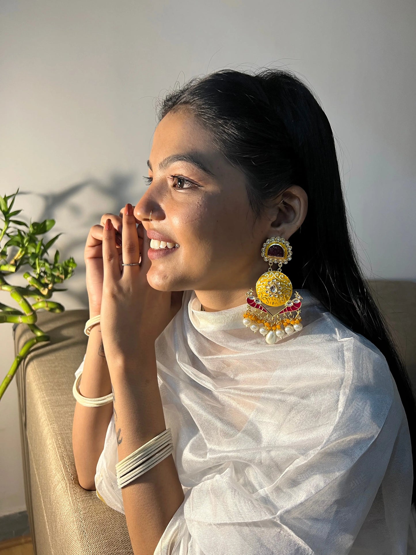 Golden Kundan Meenakari Earrings Ragavi