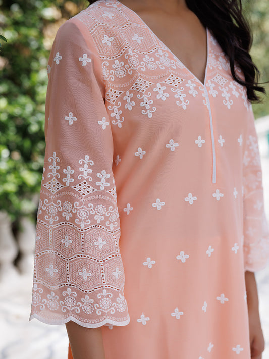 Salmon Peach Cotton Schiffli Straight Kurta Set
