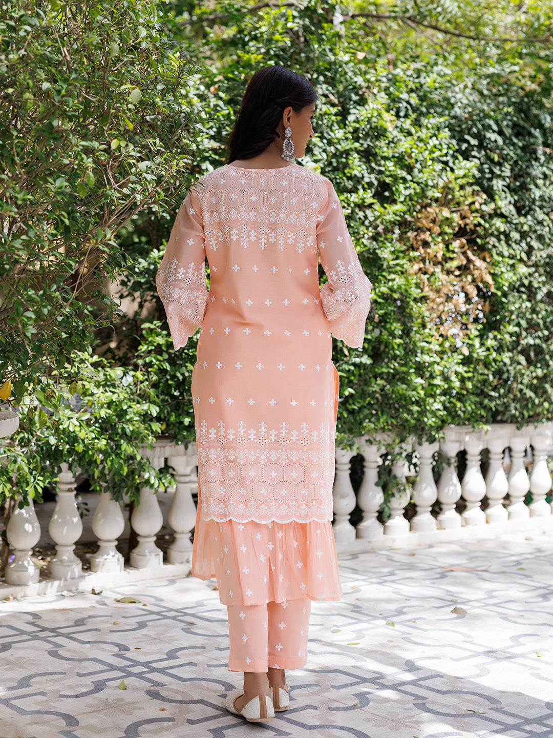 Salmon Peach Cotton Schiffli Straight Kurta Set