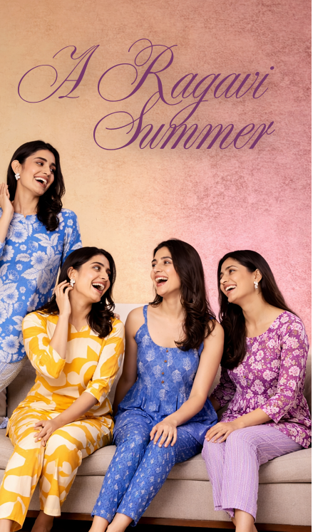 Promotional poster for 'A Ragavi Summer' featuring four women in colorful outfits against a pink background.