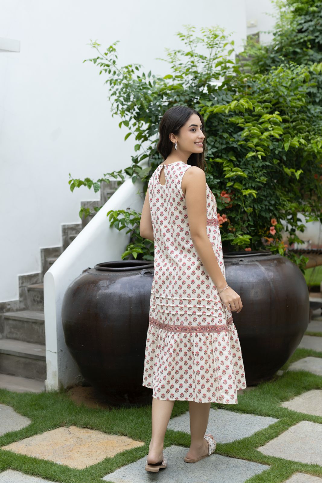 Beige Handblock Printed Cotton Dress