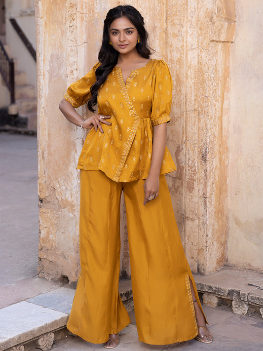 Autumn Blaze Mustard Mini-Silk Palazzo Set