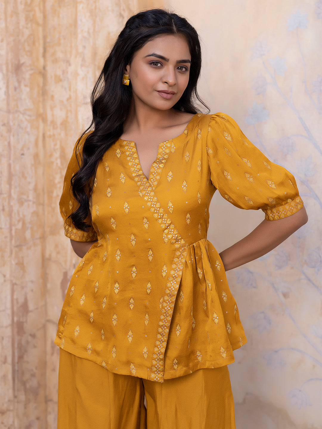 Autumn Blaze Mustard Mini-Silk Palazzo Set
