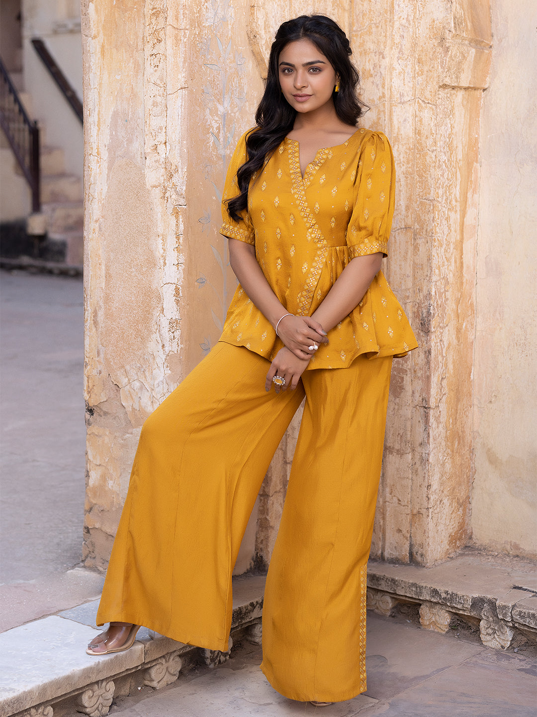 Autumn Blaze Mustard Mini-Silk Palazzo Set