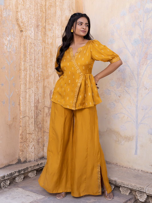 Autumn Blaze Mustard Mini-Silk Palazzo Set