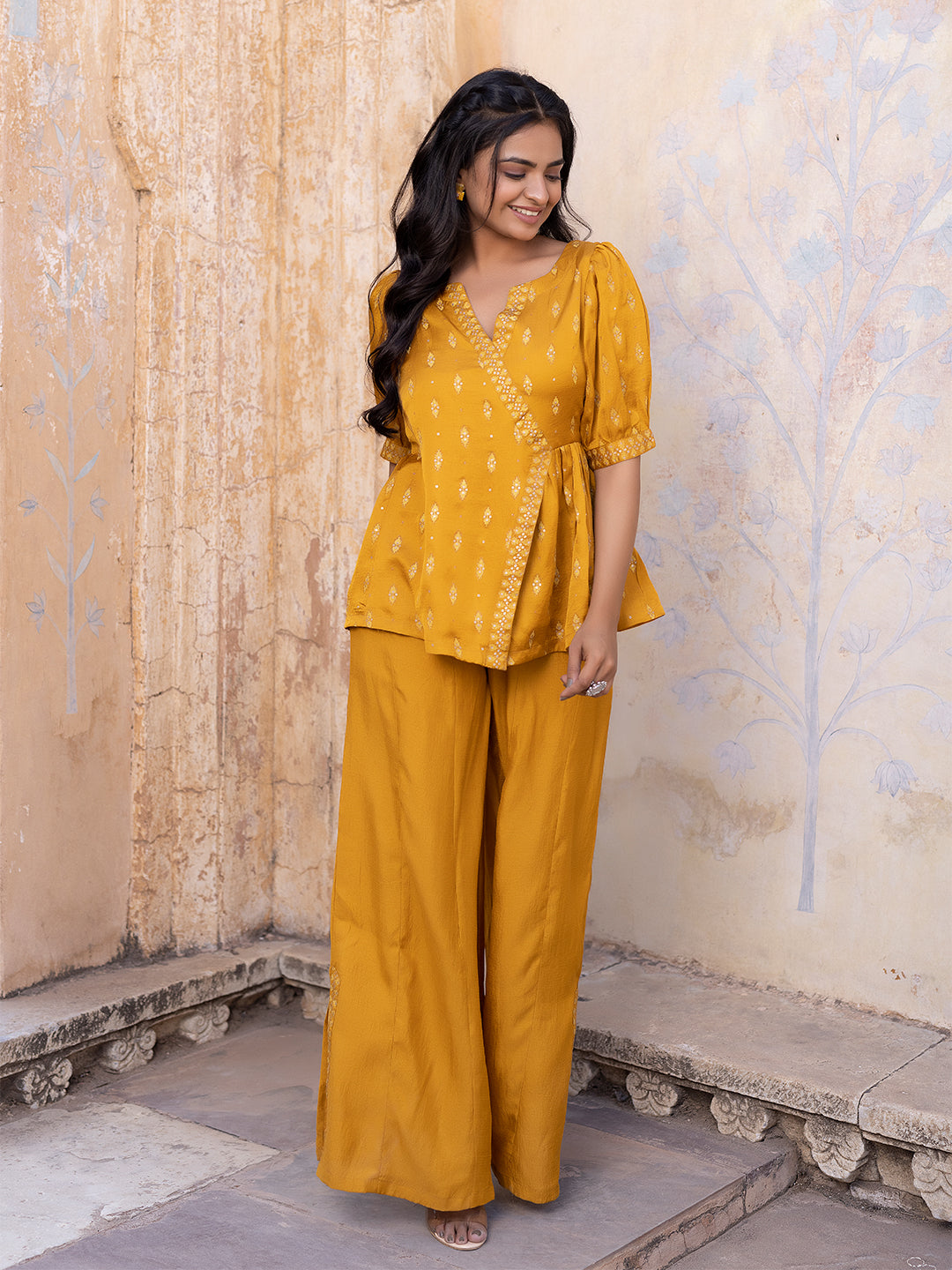 Autumn Blaze Mustard Mini-Silk Palazzo Set