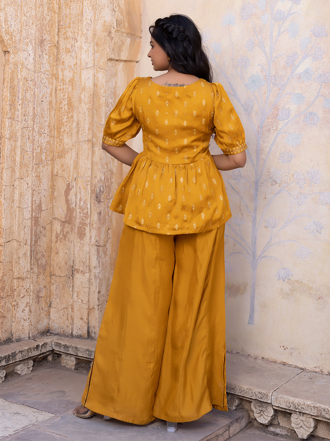 Autumn Blaze Mustard Mini-Silk Palazzo Set