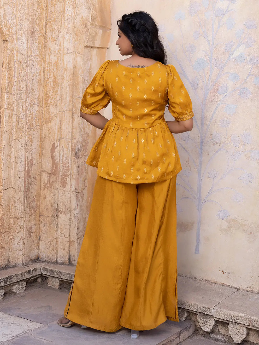 Autumn Blaze Mustard Mini-Silk Palazzo Set Ragavi
