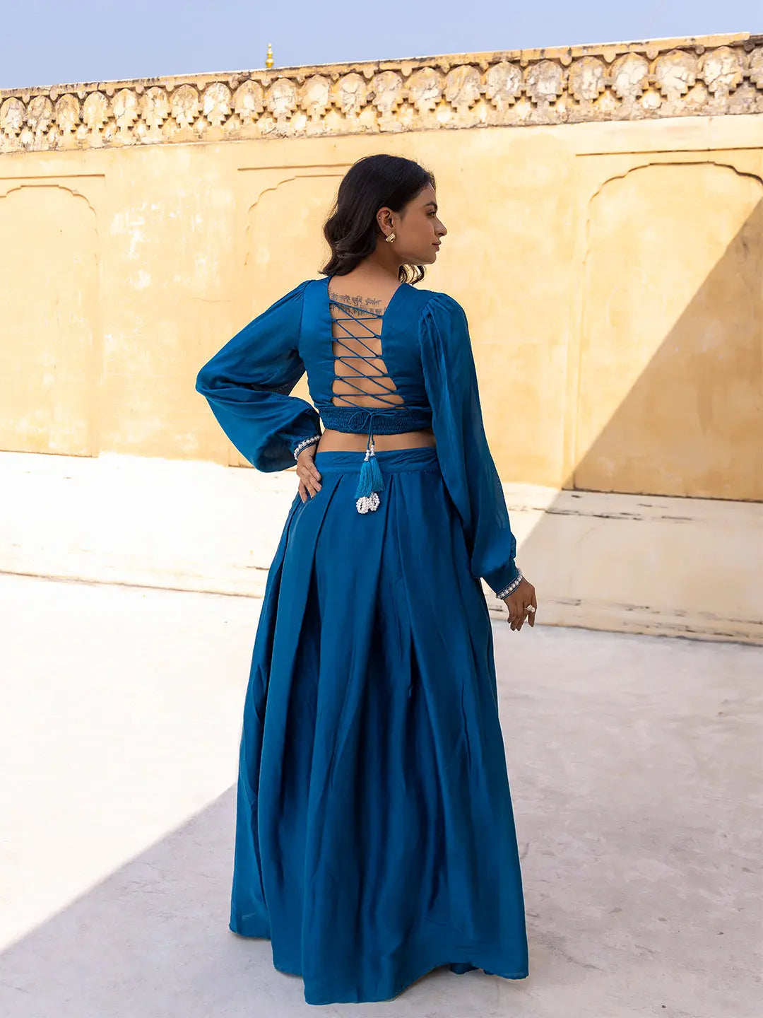Crystal Teal Blue Vanilla Silk Top with Skirt Ragavi