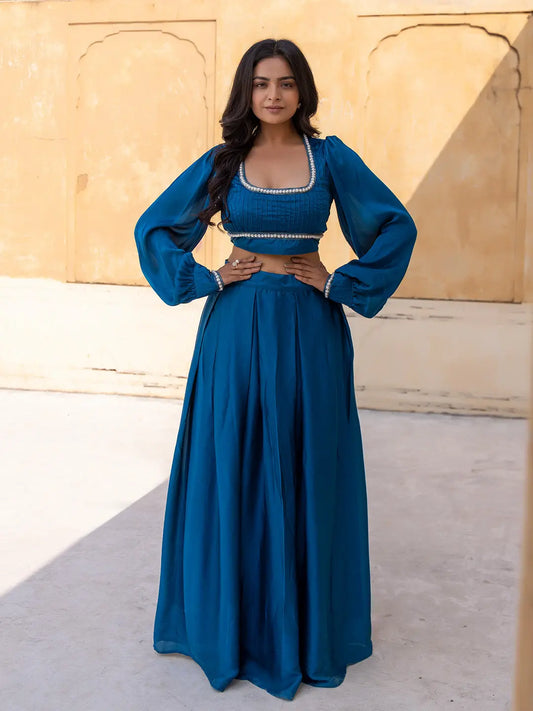 Crystal Teal Blue Vanilla Silk Top with Skirt Ragavi