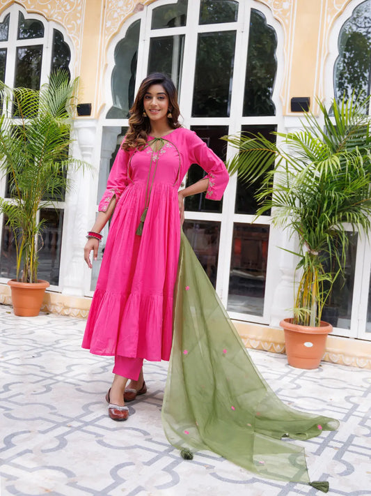 Fuchsia Pink Solid Cotton Gathered Kurta Set Ragavi