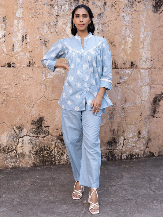Iced Aqua Sky Blue Cotton Co-Ord Set Ragavi