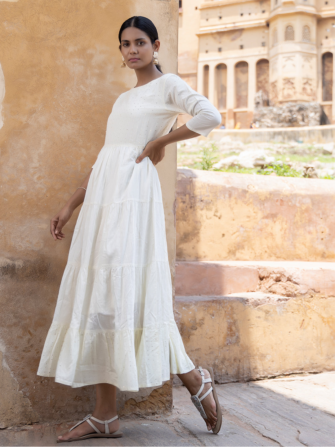 Minali White Sequined Tiered Long Kurta