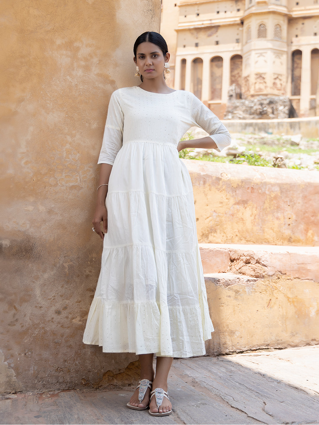 Minali White Sequined Tiered Long Kurta