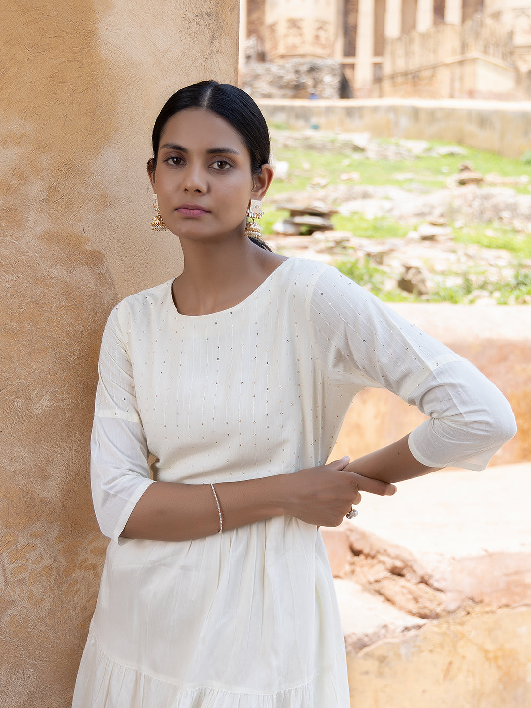 Minali White Sequined Tiered Long Kurta
