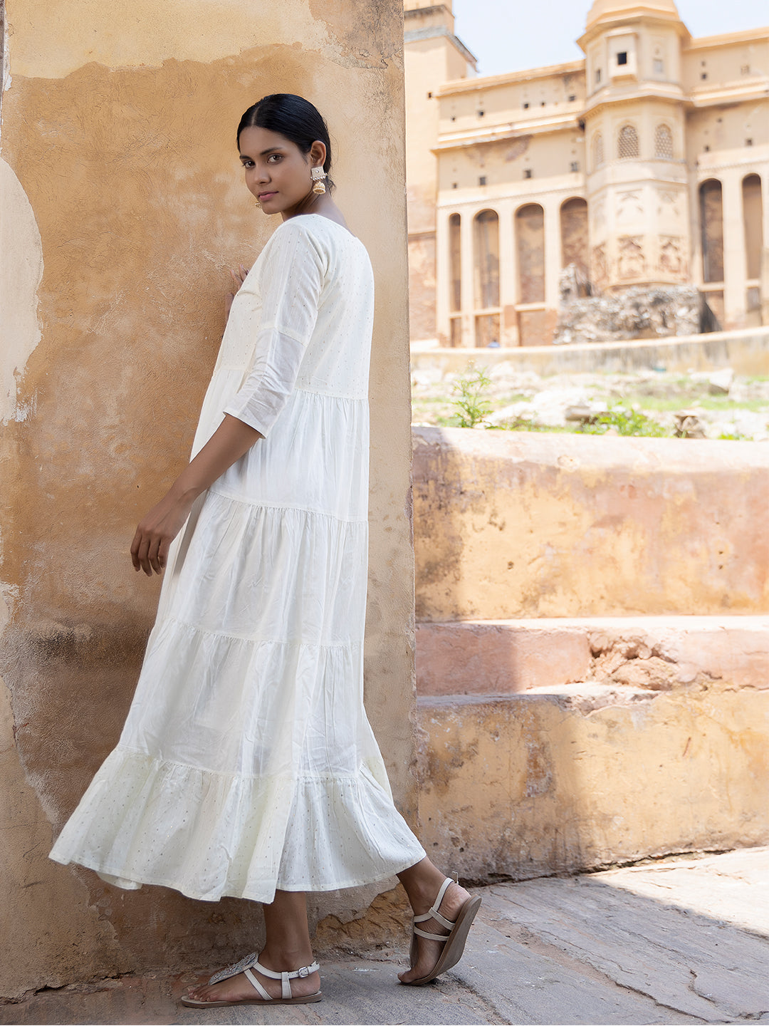 Minali White Sequined Tiered Long Kurta