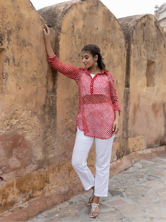 Monika Red Leheriya Kurta Pants Set