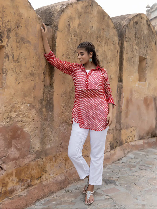 Monika Red Leheriya Kurta Pants Set Ragavi
