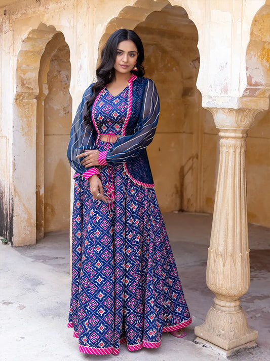 Moonlit Ocean Blue Top Attached Jacket with Skirt Ragavi