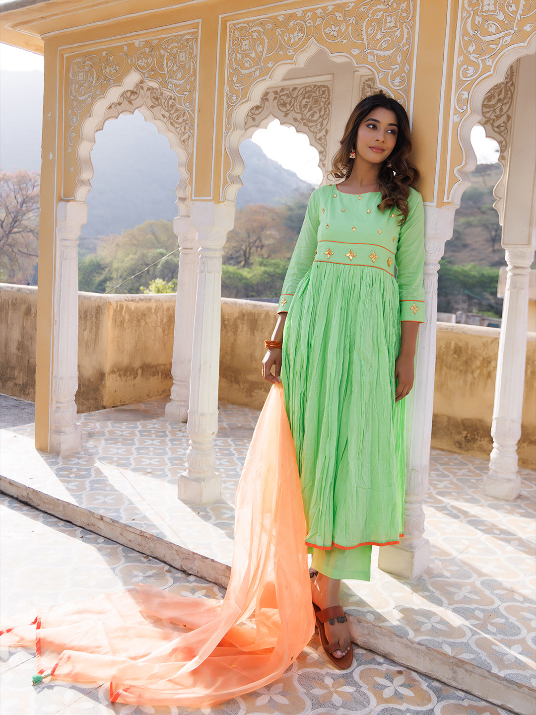 Paradise Green Cotton Gathered Kurta Set
