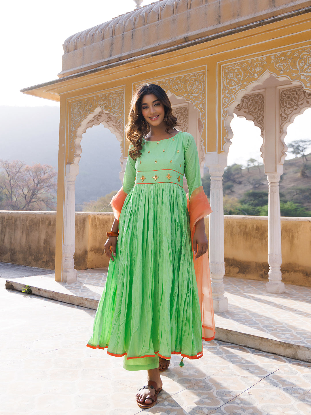 Paradise Green Cotton Gathered Kurta Set