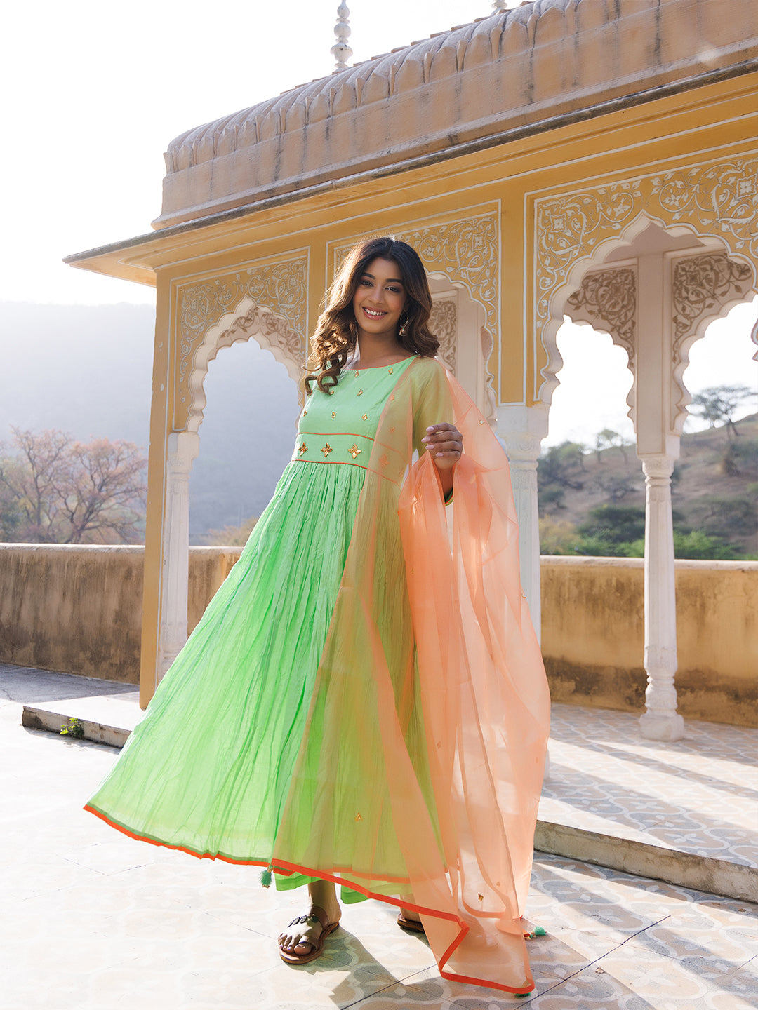 Paradise Green Cotton Gathered Kurta Set
