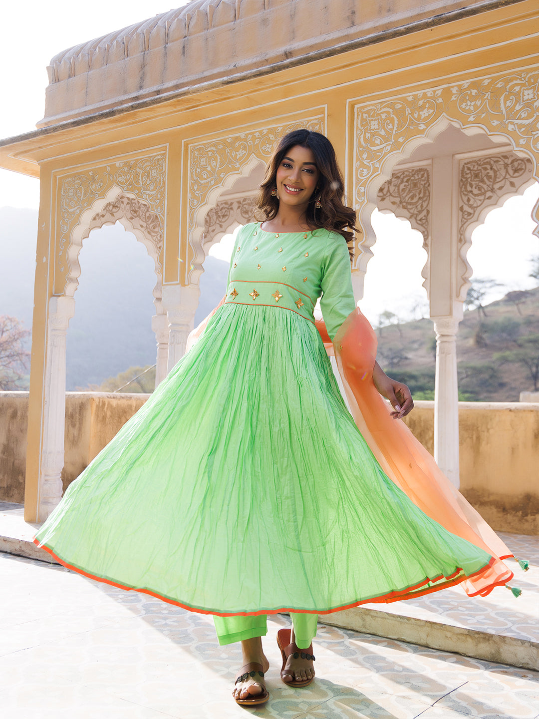 Paradise Green Cotton Gathered Kurta Set