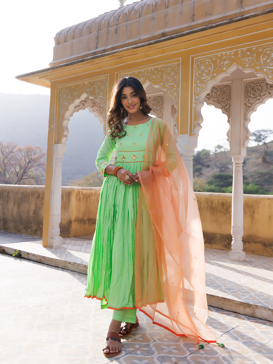 Paradise Green Cotton Gathered Kurta Set