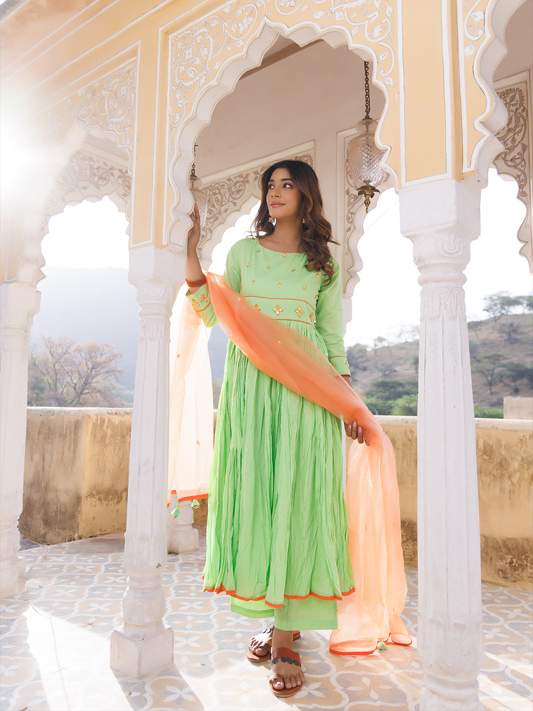Paradise Green Cotton Gathered Kurta Set